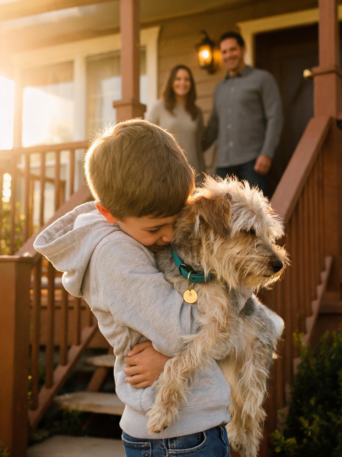 A young boy hugging his small terrier mix on the front porch.