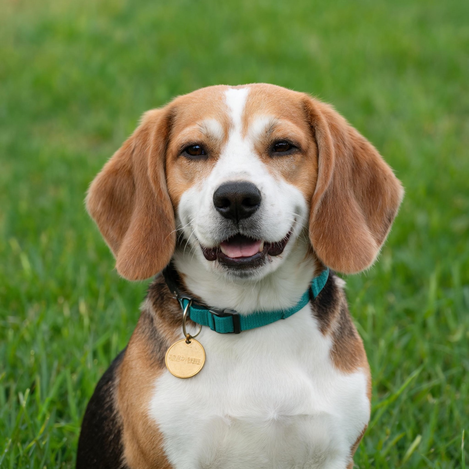 A happy beagle on grass wearing a teal collar with a brass tag.