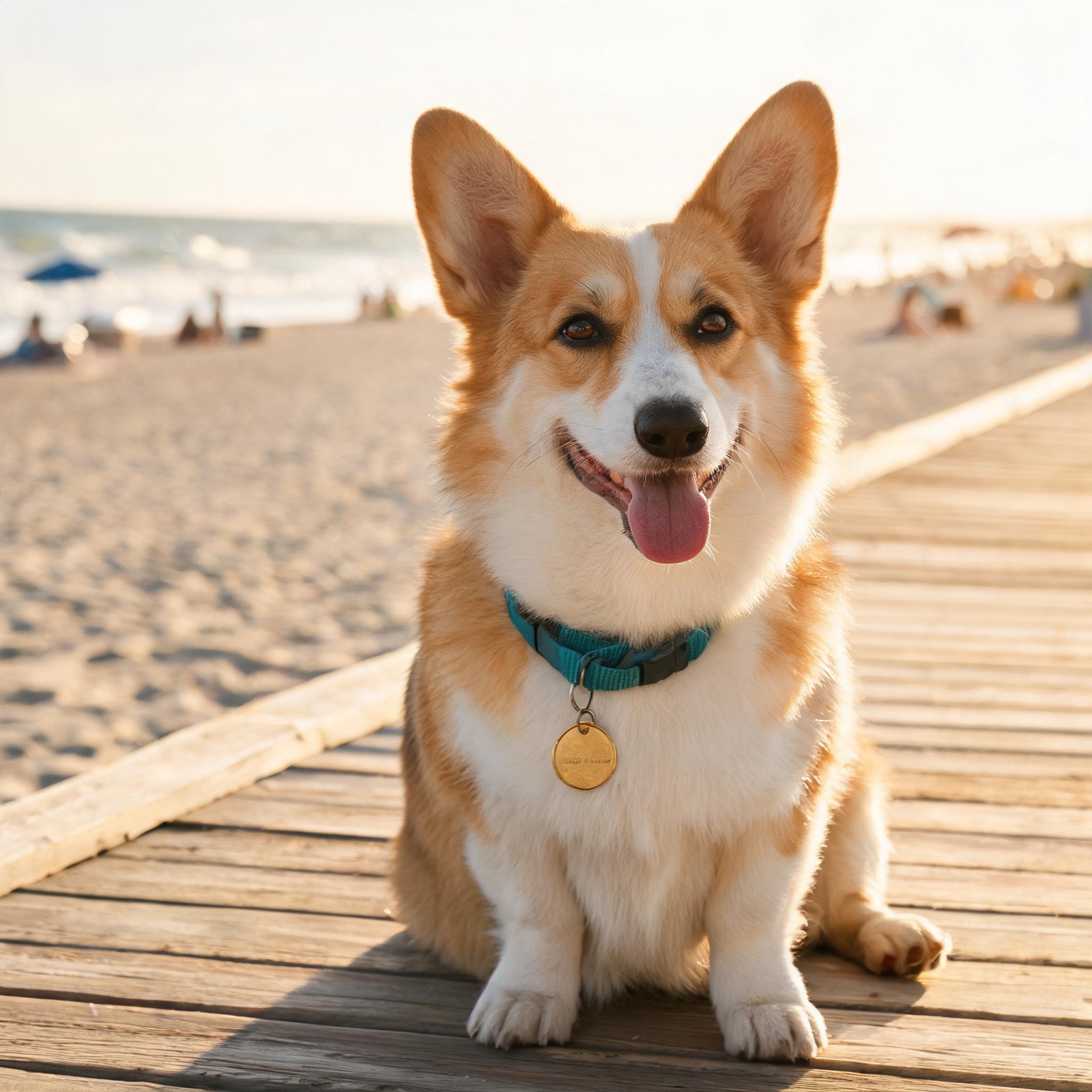 A cheerful corgi on a boardwalk wearing a teal collar.
