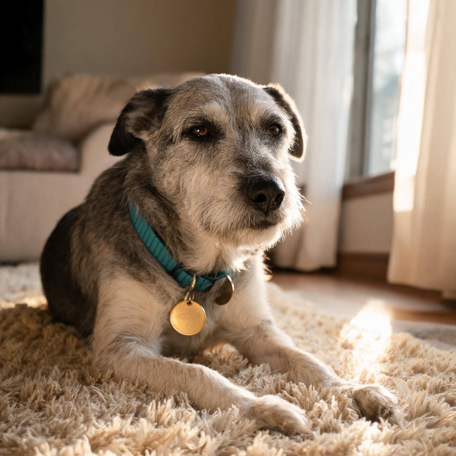 A gray-muzzled senior dog resting on a rug wearing a teal collar.