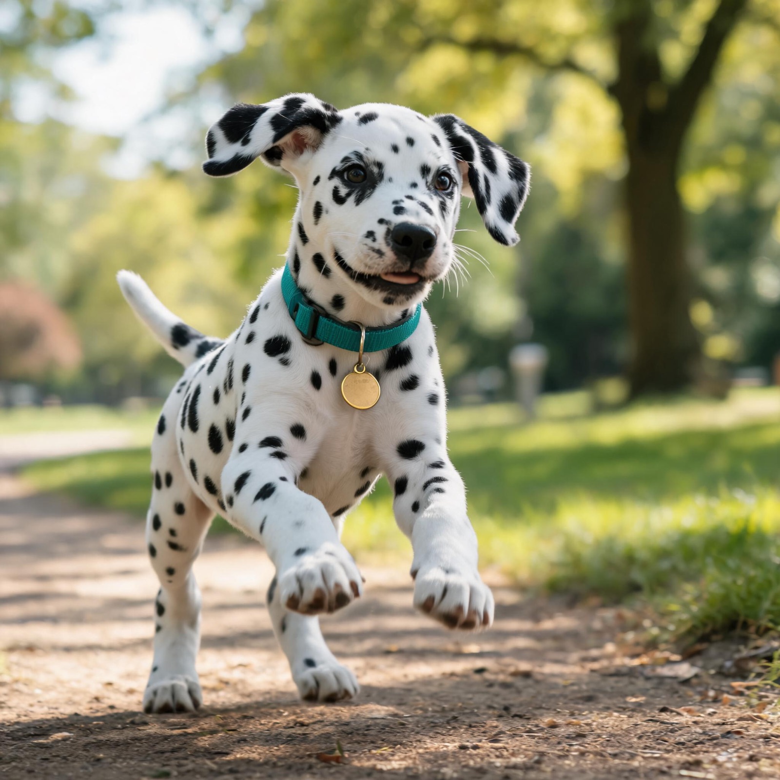A dalmatian puppy running on a park path wearing a teal collar.