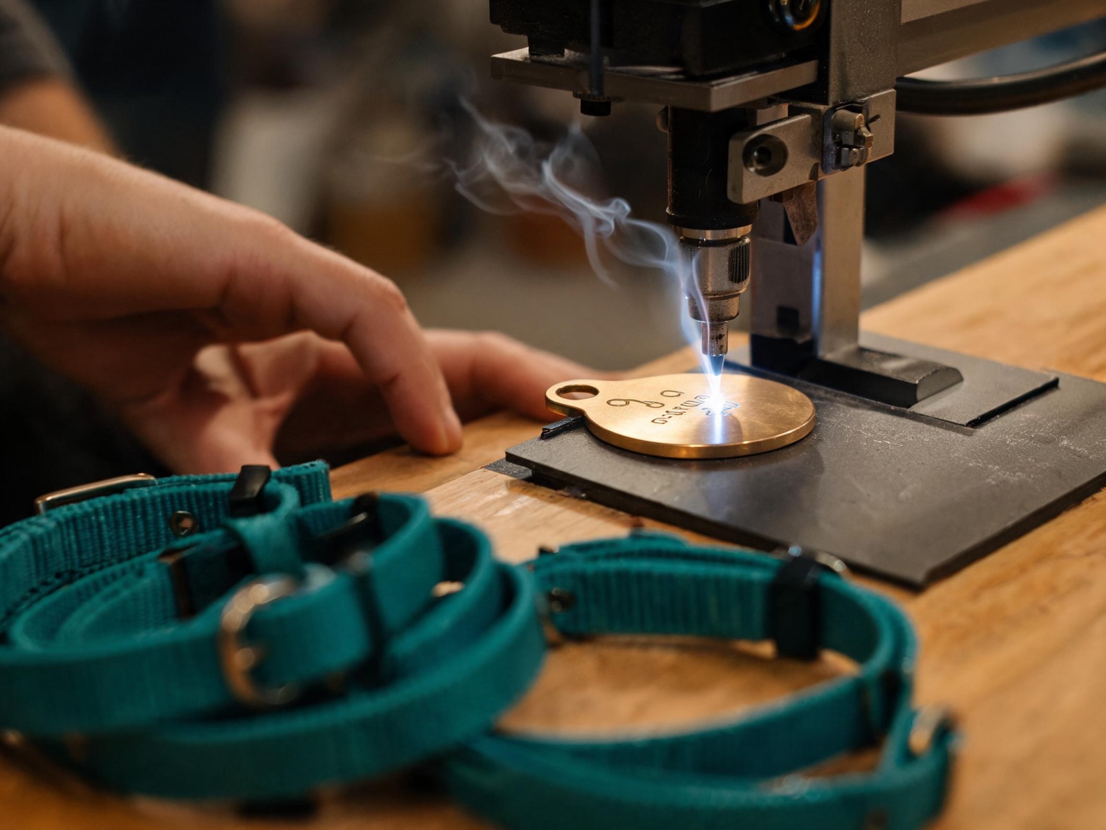 A laser engraver etching a brass dog tag in a small workshop, with teal collars on the bench.