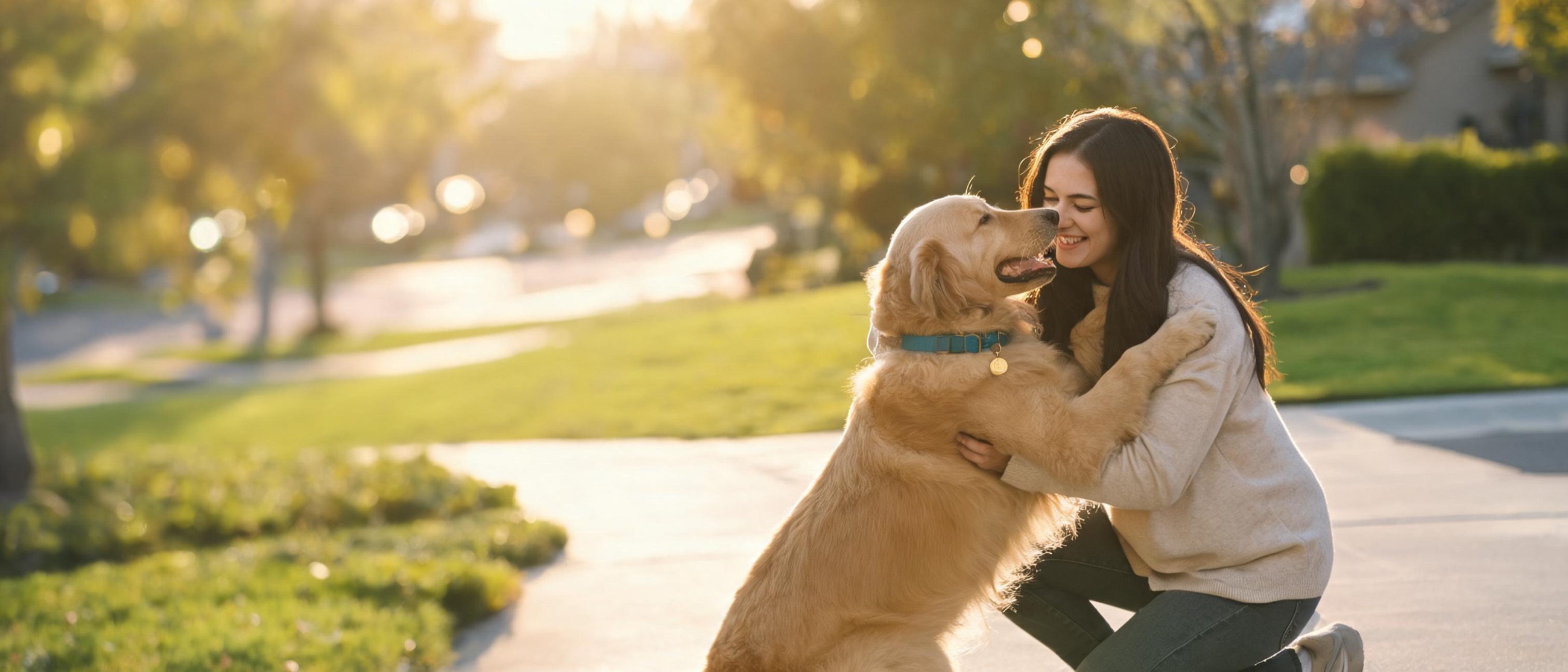 A woman kneeling on a sunny suburban sidewalk hugging her golden retriever, who wears a teal collar with a brass ID tag.