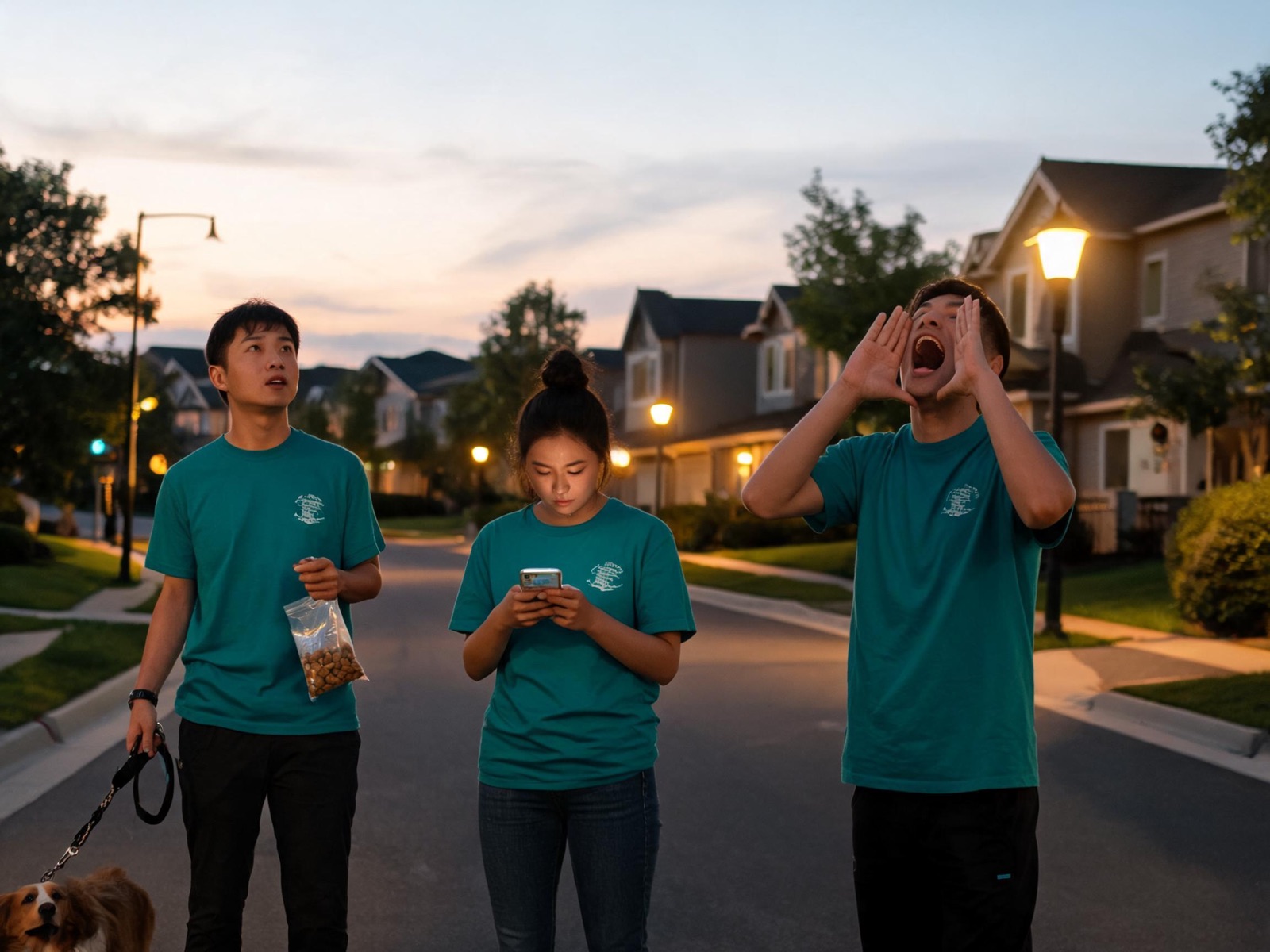 Three volunteers in teal shirts searching a neighborhood at dusk for a lost dog.